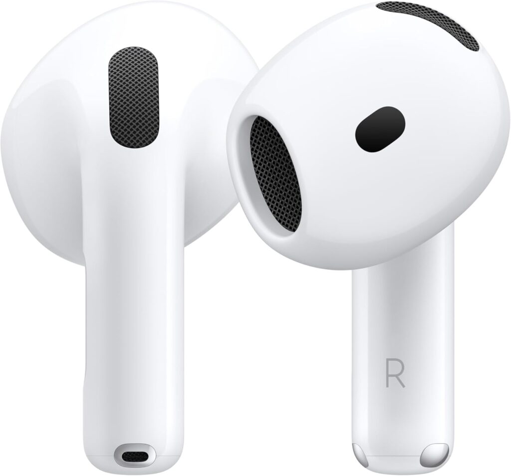 Apple AirPods 4 wireless earbuds with open-ear design, white color, H2 chip, spatial audio and USB-C charging support
