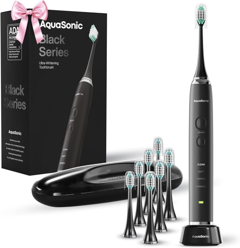 Aquasonic Black Series Ultra Whitening Electric Toothbrush with wireless charging and 8 brush heads