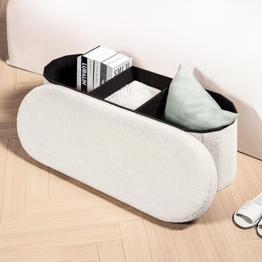 B FSOBEIIALEO Ottoman with Storage Sherpa Folding Storage Ottoman Bench White