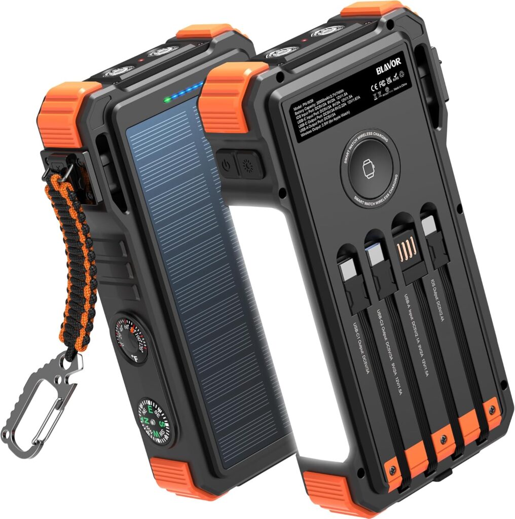 Solar Power Bank 20000mAh with built-in cables, wireless Apple Watch charging and solar panel